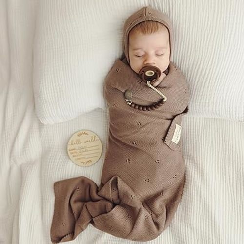 Organic Unisex Pointelle Receiving Swaddle Blanket for Boys & Girls - 100% Luxury Organic Soft Cotton Knit Warm Cozy Cuddle Stroller Blanket for Newborns, Infants, & Toddlers (Mocha)