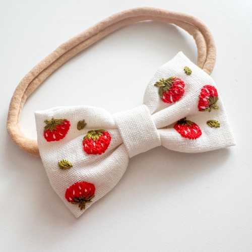 Baby Embroidered Strawberry Headbow for Infant or Babies  (White Linen), Handmade, Minimalist Vibe