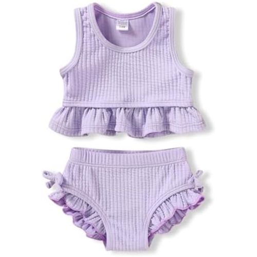 HAPPYMA Baby Swimsuit Toddler Girl Bathing Suit Summer Solid Color Bikini Set Beach Two Piece Swim Wear