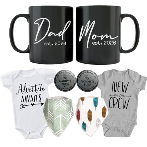 Pregnancy Gift Set - New Mom and Daddy Est 2026 11 oz Mug Set with "Adventure Awaits & New to Crew" Onesie 0-3 Months - Baby Changing Coin - Baby Bibs - Mom & Dad Gift Set for Expecting Parents to Be