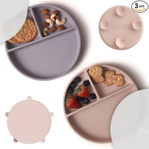 Moonkie Suction Plates for Baby | 100% Silicone BPA-Free Baby Plates with Lids and Food Cover | Divided Design | Microwave and Dishwasher Safe | Toddler Plates 2 Pack