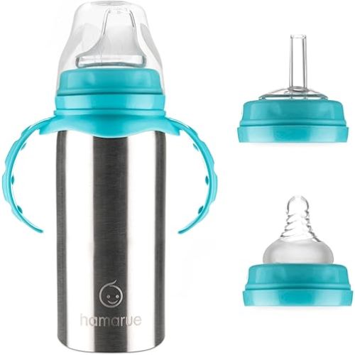 3-in-1 Stainless Steel Sippy Cups for Toddlers | Non-Toxic Insulated Stainless Steel Baby Bottle | Straw Cup with Removeable Handles | Plastic Free Liquid Transfer (Teal, 6 oz)