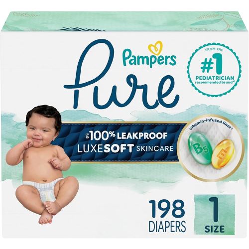 Pampers Pure Protection Baby Diapers, Size 1 (8-14 lbs), 198 Count, Up to 100% Leakproof, Premium Plant-Based Skin Protection, Hypoallergenic Soft Diapers