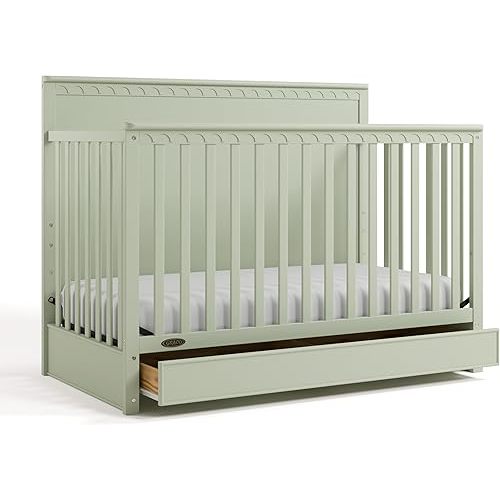 Graco Sasha 5-in-1 Convertible Crib with Drawer (Sage) – GREENGUARD Gold Certified Wood Crib, Converts to Toddler Bed, Daybed, Full-Size Bed, Stylish Classic Design