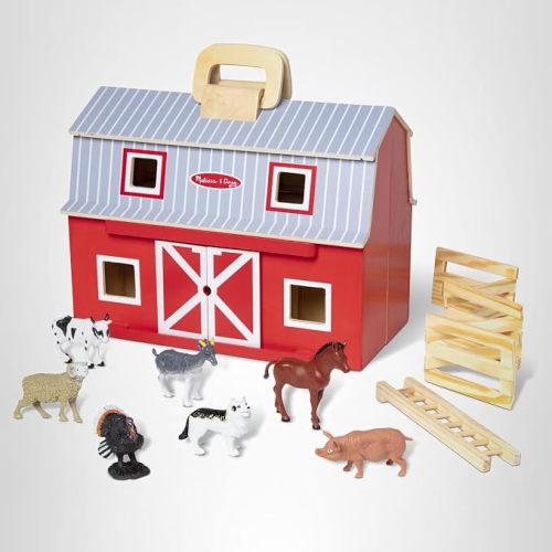 Melissa & Doug Fold and Go Wooden Barn with 7 Animal Play Figures - Farm Animals Barn Toy, Portable Toys, Farm Toys for Kids and Toddlers Ages 3+