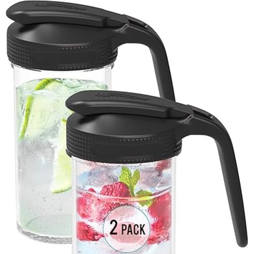 Masontops Multi Pour Top Mason Jar Lid with Handle - Wide Mouth Mason Jar Pour Spout Lid Pourer - Ball Mason Jar Pitcher Lid with Handle and Flip Cap – Glass Mason Jar Pitcher Not Included - 2 Pack
