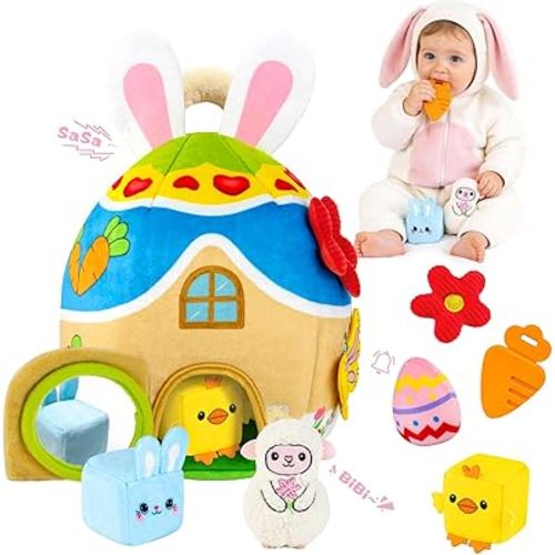 Baby Toys 6-12-18 Months - My First Plush Bunny Burrow with Stuffed Animals, Rattle, Crinkle, Teether, Montessori Sensory Toys for Babies Toddlers 1-3, Baby Block Stacking Toy for Boys Girls Gifts