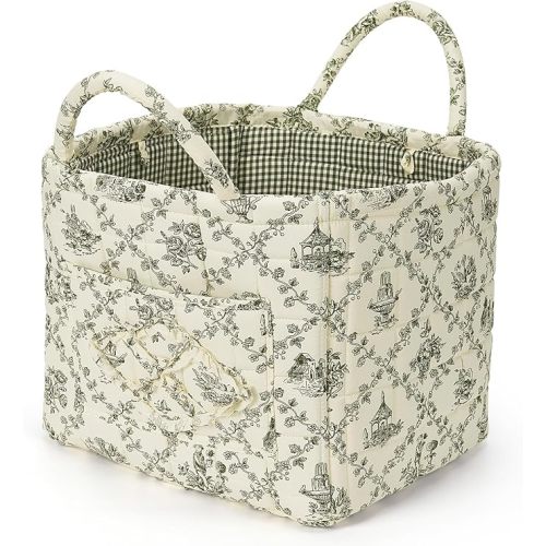 Floral Fabric Storage Basket Car Interior Storage Basket Underwear Sundries Laundry Baskets Supplies Home Organizer Bag (Green)