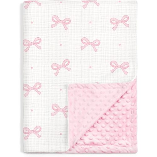 Bow Baby Blankets for Girls, Soft Nursery Minky Blankets with Muslin and Dotted Fleece Back 30x40 inches, Receiving Bed Quilt for Newborn, Infants, Toddlers