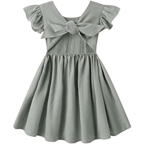 Toddler Baby Girl Cotton Linen Summer Dress Ruffle Sleeve Back Bowknot Kids Beach Dresses