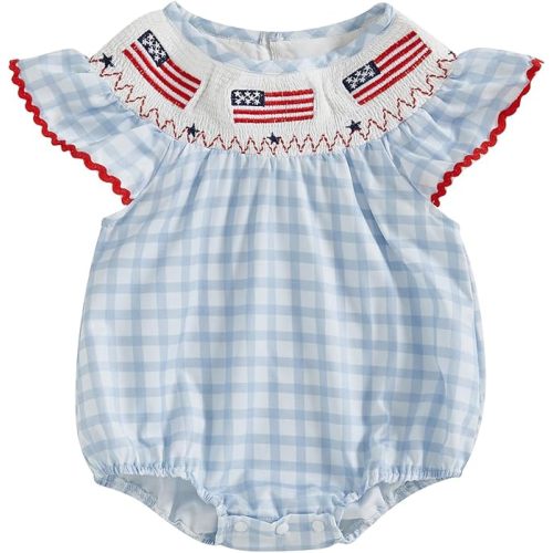 MoZiKQin Baby Girl 4th of July Outfit Embroidered American Flag Plaid Bubble Romper Smocked Bodysuit Cute Summer Clothes