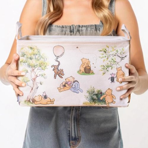 Sweet Baby Co. Classic Winnie Pooh Storage Nursery Basket With Hard Bottom Large Square Canvas Cotton Laundry Hamper Bin Waterproof Foldable Bathroom and Bedroom Stuff Clothes Toys Baby Vintage Decor
