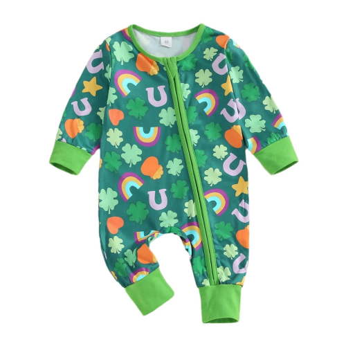 WIBACKER Newborn Baby Girl Boy St. Patricks Day Outfit Four Leaf Clover Romper Green Long Sleeve Jumpsuit