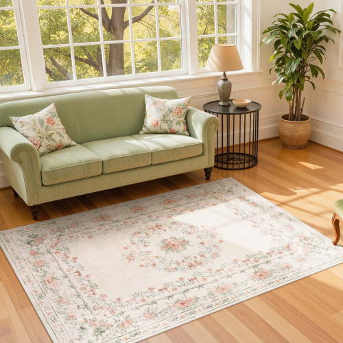 Lahome Washable 5'x7' Area Rug, Beige Floral Rugs for Living Room, Ultra-Thin Non-Shedding Soft Boho Carpet with Bow Pattern for Bedroom Girls Kids Nursery Dorm, Neutral, Beige