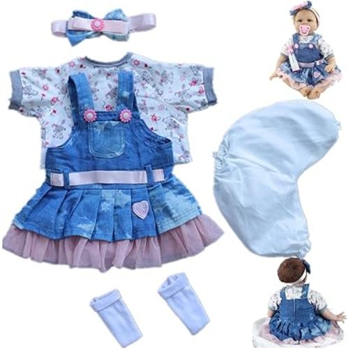 Reborn Baby Doll Clothes for 17-22 Inch Newborn Baby Doll Girl, Baby Doll Clothes Outfit Accessories fit 17-22 Inch Reborn Baby Doll Girl【Denim Skirt 5pcs Set 】