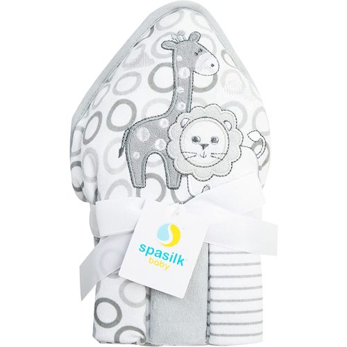 Spasilk 4-Piece Soft Terry Hooded Bath Towel and Washcloth Set, 1 Baby Towel and 3 Baby Washcloths for Newborn Boys and Girls, Gray Lion