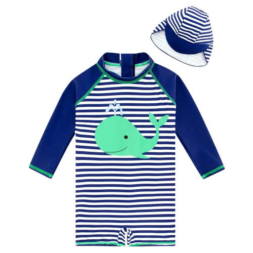Baby Infant Boys Swimsuit One-Piece with Sun Hat Long Sleeve UPF 50+ Rash Guard Swimwear for Boys 3-24 Months