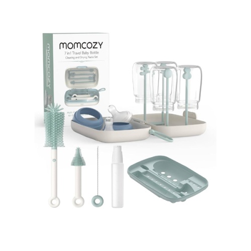 Momcozy Bottle Brush Set - Baby Bottle Cleaner Kit with Silicone Brush, Nipple Brush, Straw Brush, Soap Dispenser, Drying Rack - 7 in 1 Bottle Cleaning Tool for Home and Travel, Green
