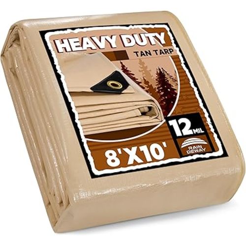 RAINDEWAY 8x10 Feet Heavy Duty Tarp,12 Mil Tan Waterproof Poly Tarp Cover,UV Resistant,Weatherproof,Durable,Multipurpose Tarps with Grommets and Reinforced Edges