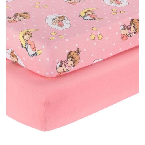 Everyday Kids 2-Pack Girls Fitted Crib Sheets – 100% Cotton Jersey, Precious Moments Print and Solid Pink – Fits Standard Crib Mattress (28” x 52”)