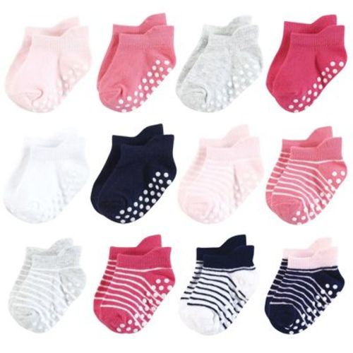 Hudson Baby Infant Girl Non-Skid No-Show Socks, Pink Navy Stripe, 0-6 Months