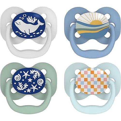 Dr. Brown's Advantage Baby Pacifier, Fully Symmetrical Soother with Soft Silicone Bulb, Glow-in-The-Dark Blue Sunrise-Blue Ocean, 0-6m, BPA-Free, 4-Pack