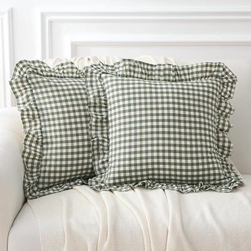 2 Pack Sage Green Plaid Ruffle Gingham Throw Pillow Covers, 100% Washed Cotton Checkered Farmhouse Decorative Pillow Shams for Bed/Sofa - 18''x18''