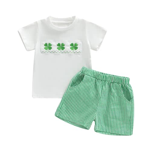 Karuedoo Toddler Baby Boy St Patricks Day Outfit Clover Embroidery Smocked Short Sleeve T-Shirt Top and Plaid Shorts Set