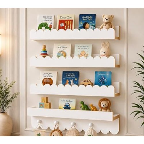 Nursery Book Shelves, 4 Pack White Floating Shelves for Wall Kids, Wall Book Shelves, Scalloped Shelves for Bedroom Kids, Toddler Room, Baby Room, Nursery Decor