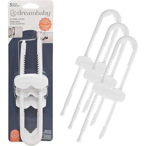 Dreambaby Sliding Cabinet Locks - Child Proof Cabinet Latches - For Kitchen, Bathroom Storage Doors Handles & Knobs - Suitable for Round & D-Shaped Handles - 3 Pack - White - Model L183