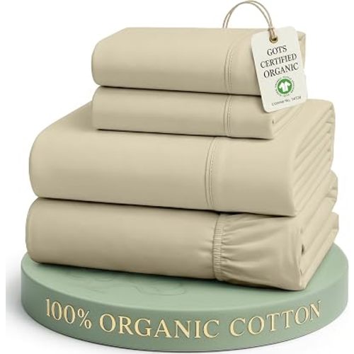 LANE LINEN 100% Organic Cotton Bed Sheets King Size, Fully Elasticized Reinforsed Seams in Fitted Pocket, Machine Washable Naturally Cooling All Season King Sheet Deep Pocket Bedding- Linen