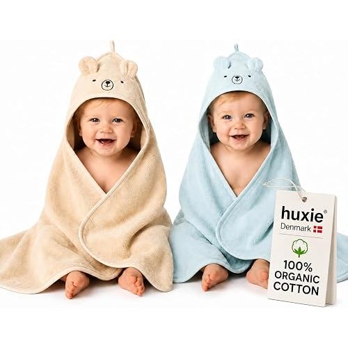 Huxie Hooded Baby Towels – 100% Organic Cotton Baby Bath Towels – Baby Boy Newborn Essentials - Super-Soft and Absorbent. (2-Pack Bear Fog and Bear Baby Blue)