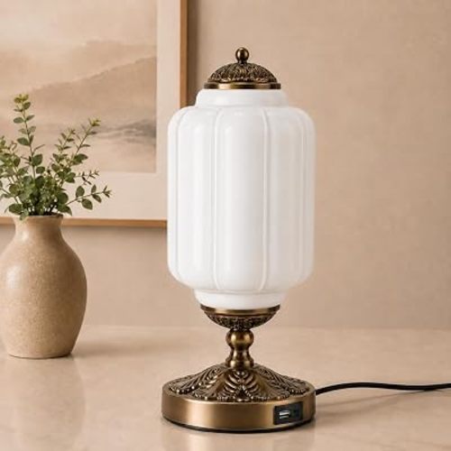 Vintage Milk Glass Table Lamp,3‑Way Dimmable Nightstand Lamp