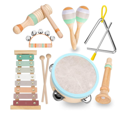 Raimy Musical Instruments Set - Neutral Colors Wooden Montessori Toys Percussion Music Modern Boho Xylophone Birthday Gifts for 1 2 3 Year Old Kids Baby Toddlers Boys Girls 3+ with Storage Bag