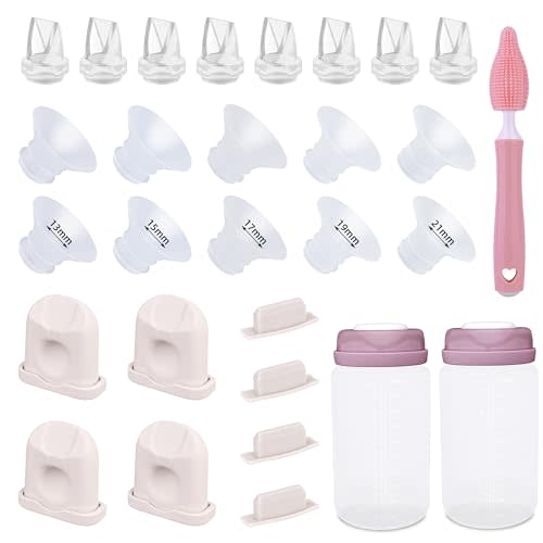 Breast Pump Replacement Parts Kit Compatible with Eufy Electric Wearable Breast Pumps E10 / E20 / S1 / S1 Pro, Includes Valves, Silicone Diaphragms, Flanges, Cleaning Brush & Milk Storage Bottles