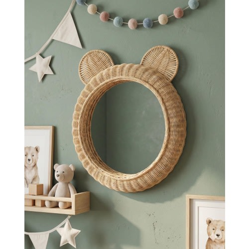 Rattan Bear Mirror for Nursery – Montessori Self-Recognition Toy | Natural Boho Wall Decor for Baby Room