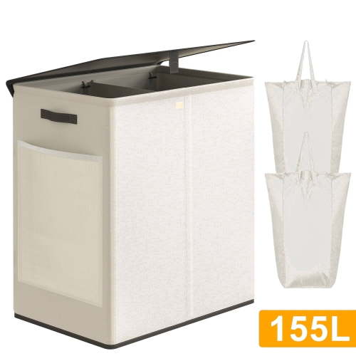 BGTREND Double Laundry Hamper with Lid 155L, Twin Compartments, Removable Bags, Side Mesh Pocket, Beige