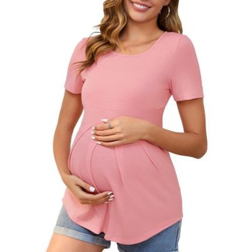 INSPIRE CHIC Women's Maternity Top Short Sleeve Crewneck Wrinkle Design Blouse Waist Tiered Pregnancy T-Shirt X-Large Pink