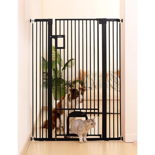No Pawblems 55" Extra Tall Pet Gate with Adjustable Cat Door, 29-43" Auto Close Dog Gate, NO Drilling Pressure Mounted for Doorways/Hallways, 1.37" Narrow Bar Spacing, Black