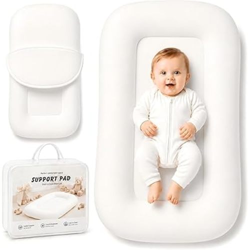 Baby Lounger for Newborns 0-24 Months, Soft Breathable Cotton Infant Support Cushion for Tummy Time & Play, Portable Tummy Time Mat, Baby Essentials -White (Cover Included)