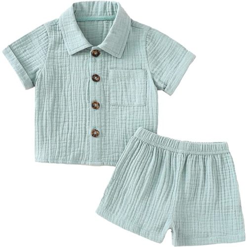 Baby Boys Clothes Set Toddler Infant Boys Button-down Shirt Tops + Cotton Gauze Shorts Summer Outfit 2PCS with Pockets