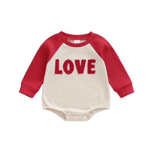 JLKGICF Newborn Baby Boy Girl Valentines Outfit LOVE Embroidery Bubble Romper Waffle Knit Sweatshirt baby love clothes
