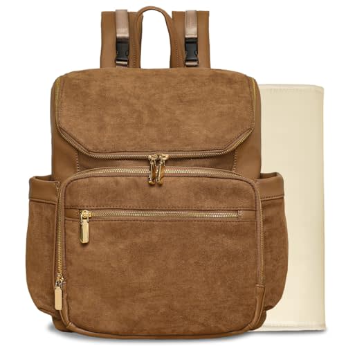 miss fong Diaper Bag Backpack - Large Diaper Bag Backpack Baby Backpack Suede Diaper Backpack with 14 Pockets, Pañaleras Para Bebe with Waterproof Wet Pocket Luggage Sleeve for Mom Dad-Brown
