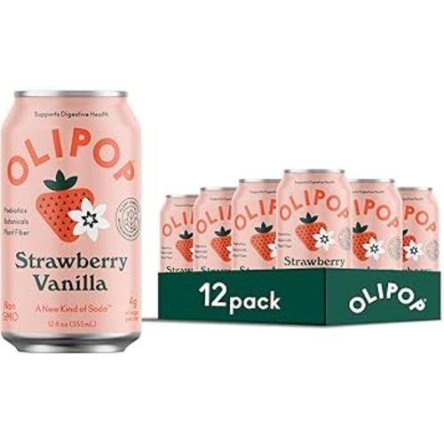 OLIPOP Prebiotic Soda Pop, Strawberry Vanilla, Pantry Pack Packed with Prebiotics, Fiber, and Botanicals, Gluten Free, Vegan, GMO Free, 12oz (12-Cans)