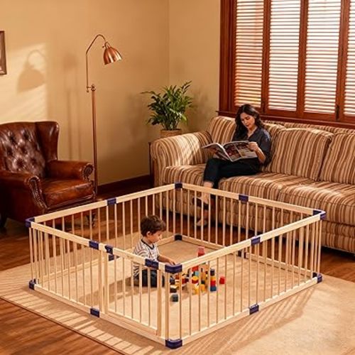 Wooden Baby Playpen for Toddlers,Babies Playars, Wood Fence Play Area with Safety Gate, Indoor Safety Play Yard,Large Play Pen with Locking Gate Activity Center (55x79x24 Inches)