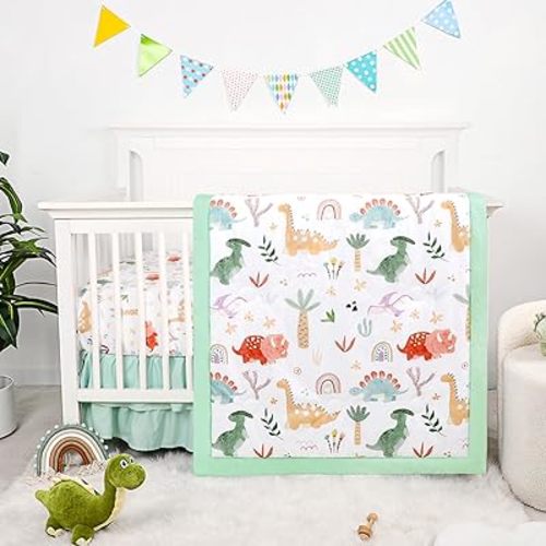 Baby Bedding Set for Boys Girls, 3 Pieces Nursery Bedding Set for Newborn Infant, Includes Comforter, Fitted Sheet, Bed Skirt, Green Dinosaur