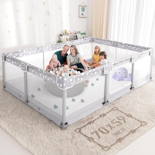 Large Baby Playpen for Babies and Toddlers - 70x59in Giant Play Pen for Babies 6-12 Months Big Play Yard for Toddlers 1-3 Play Pens for Toddler Indoors Playyard Fence Pin Corrales para Bebes Grey-s