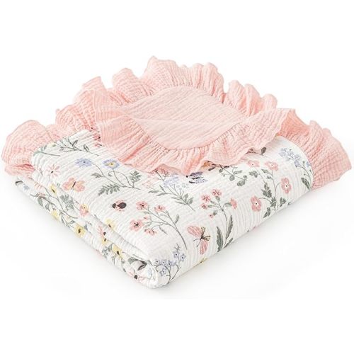 david's kids Flounce Muslin Baby Blanket for Girls Boys, 100% Cotton Soft Crib Swaddle Blankets, Reversible & Breathable Nursery Bedding for Newborns Toddlers, 47 x 47 Inches (Garden)