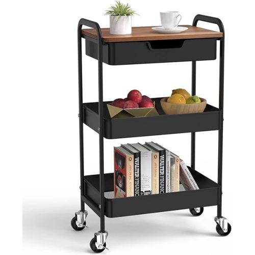 3 Tier Rolling Cart with Drawer, Metal Utility Cart on Wheels Storage Cart with Wood Top, Kitchen Cart Art Cart Organizer for Bathroom Office Balcony Living Room