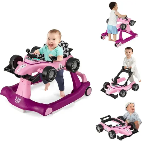BABY JOY 4-in-1 Baby Walker, Foldable Activity Walker with Adjustable Height & Speed, Music, Lights, Steering Wheel, Comfy Seat Cushion, Activity Baby Push Walker for Boys Girls Aged 6 –18 Months